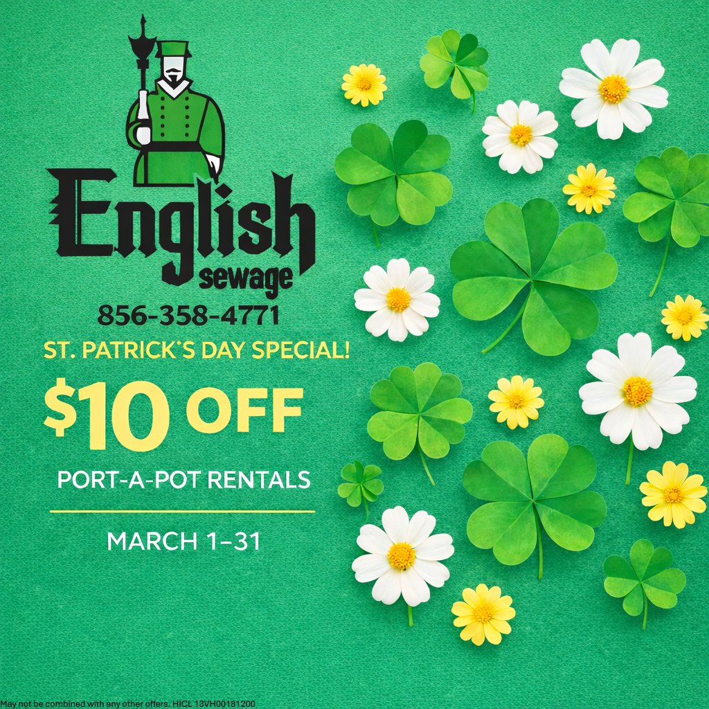 EnglishSeptic's tweet photo. Spring is in the air 🌷 and so are savings! 🍀 Take $10 OFF any port-a-pot rental — because on St. Patrick’s Day, everyone deserves a lucky seat! 💩 Summer Special: 4 months for the price of 3! Keep parties &amp; job sites stress-free. Book at 856-358-4771 or https://t.co/qOEc9wT2Vv https://t.co/nzw3DpWXcu