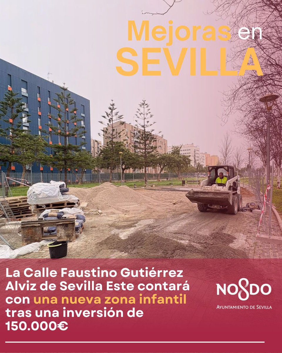 🙌🏻 Estamos instalando una nueva zona infantil en la Calle Faustino Gutiérrez Alviz de Sevilla Este

👉🏻 Inversión de 150.000€ que se suma a las inversiones en parques y plazas 

#SevillaEstáEnMarcha