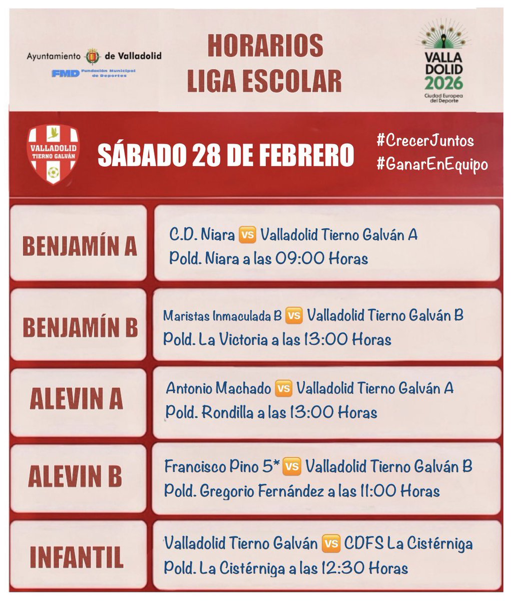 ⏰ HORARIOS VTG CANTERA | Nueva jornada para nuestros equipos de base. 

#PequeCraks
#Aprender
#Disfrutar
#Divertirse

⚽️💙#VTG #UVADeporte
#CrecerJuntos #GanarEnEquipo
<a href="/FCyLF/">RFCYLF</a> 
<a href="/DeportesVLL/">DeportesVLL</a> 
<a href="/FutSalRFEF/">Futsal RFEF</a>