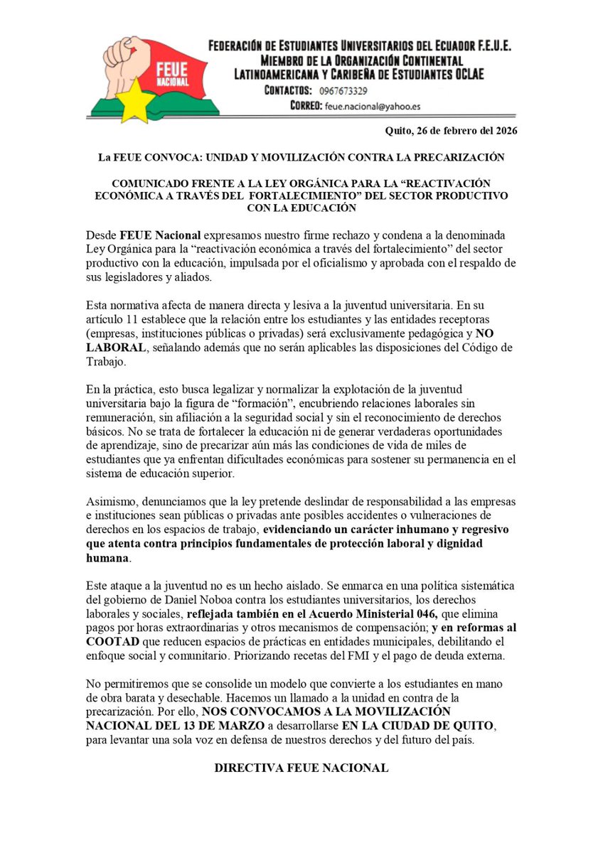 FEUEnac_Ecuador's tweet photo. NOS MOVILIZAMOS ESTE 13 DE MARZO
La FEUE convoca: unidad y movilización contra la precarización.
No somos manos de obra barata y desechable, condenamos la leyes de Noboa contra la juventud universitaria.
#movilizacion #FEUE
#acuerdoministerial046
#COOTAD https://t.co/gPbZPj4sgp