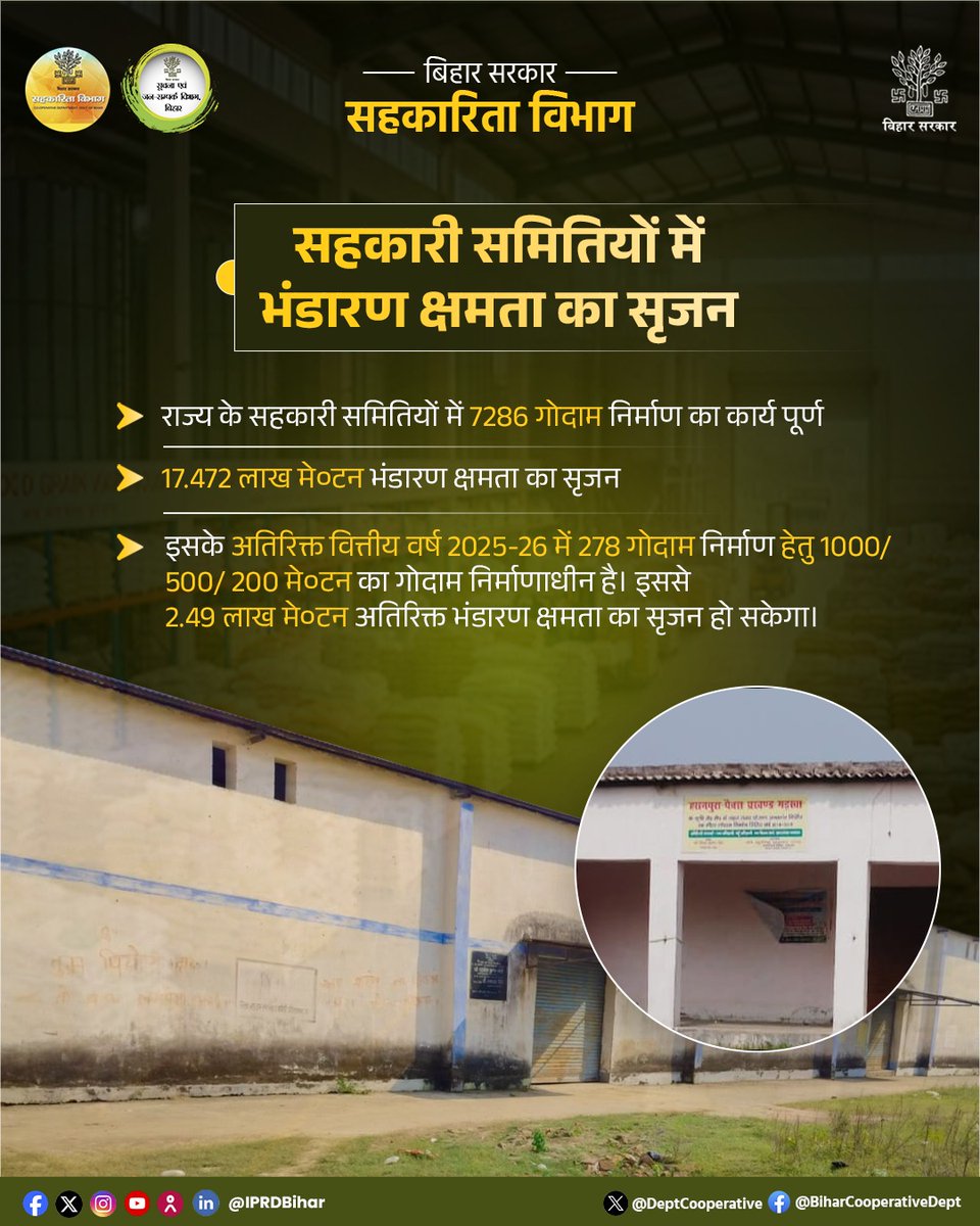 DeptCooperative's tweet image. सहकारी समितियों में भंडारण क्षमता का सृजन।

@MLCBJPPramod
@DSinghIAS
@RCS_Bihar
@IPRDBihar 
#Bihar
#warehouse