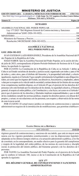 adrianacue8's tweet photo. 📢 Publica la Gaceta Oficial de la República número 22, de 25/2/26, la Ley 177/2025 "Del Régimen General de Contravenciones y Sanciones Administrativas".
📣 Ley que ofrece garantía al respecto y cumplimiento de la legalidad, del orden público, de las normas de convivencia. https://t.co/sB4gzOVTbb