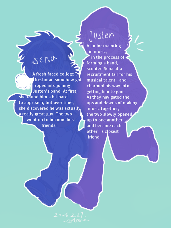 noyalike's tweet photo. I finally returned to the outfit concepts I'd been brewing for Justen. I've been daydreaming about their college dynamics, so I started building out an AU rooted in the “III” setting—and designed their looks from there.😌🎧🎸💙💜
#illusten  #SenasArt https://t.co/ygN1sfJ1R8
