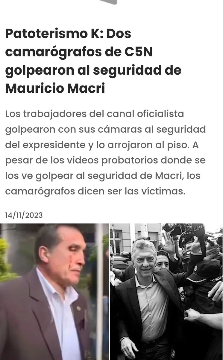 El mismo camarógrafo que hoy se hizo el macho pistola Es el mismo camarógrafo kuka que agredió al custodia de Macri . 
Querés más claro ? 
Échale agua