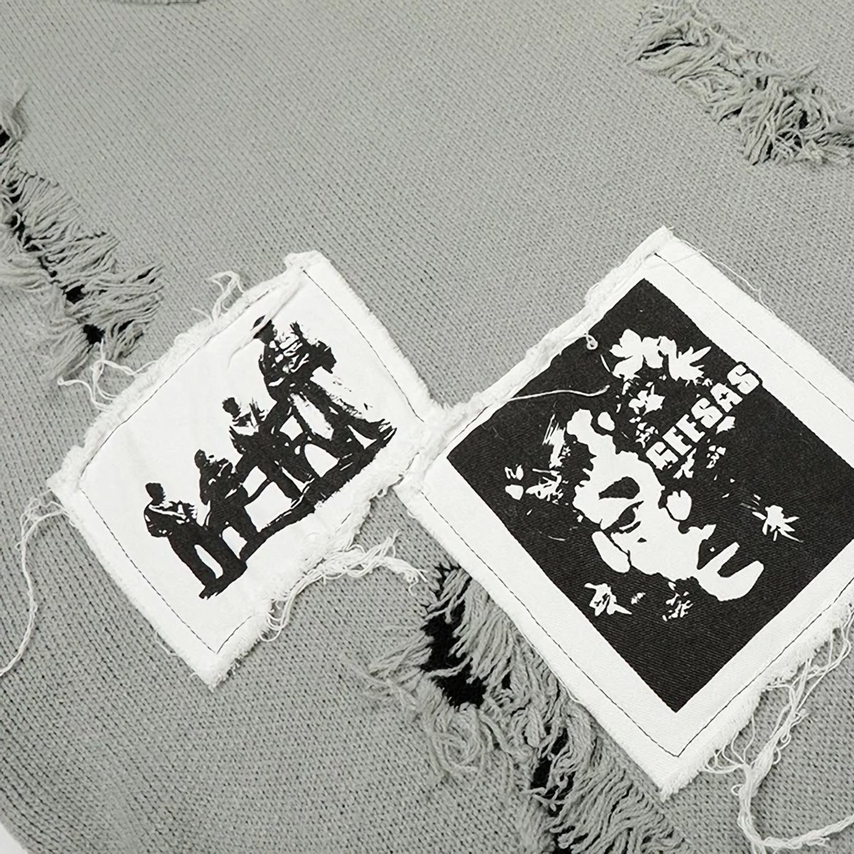 cloutcollection's tweet photo. Portrait Patch Distressed Knit Sweater