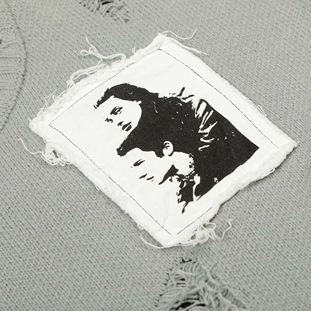 cloutcollection's tweet photo. Portrait Patch Distressed Knit Sweater