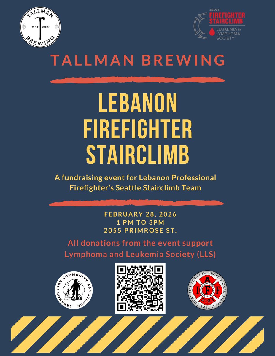 LebanonFD's tweet photo. Support the Lebanon Firefighter Stairclimb! Join us Sat, Feb 28, 1–3 PM at Tallman Brewing or donate online to help us reach our $2,500 goal: https://t.co/sJ70R4dra5 https://t.co/Csm2FGUdZI
