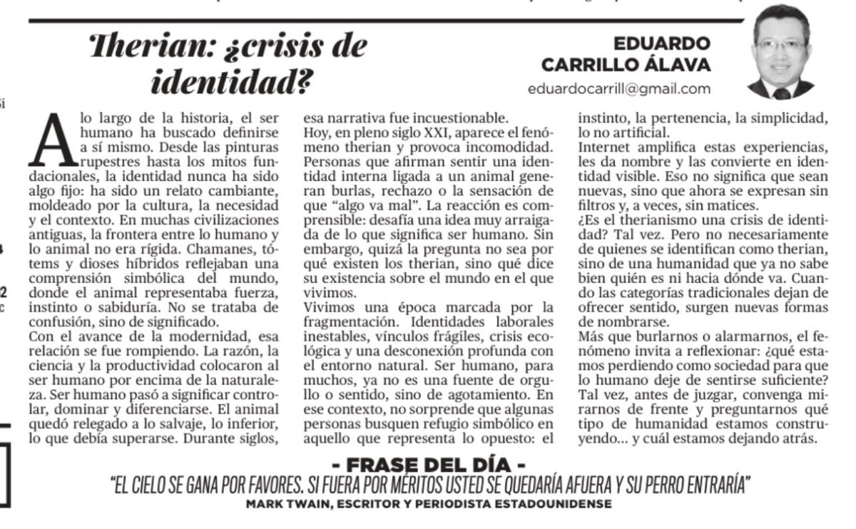 eduarcarrillo19's tweet photo. Sobre el fenómeno therian.
El Diario, página Opinión, jueves 26 de febrero de 2026, https://t.co/rkjlhxKKhj