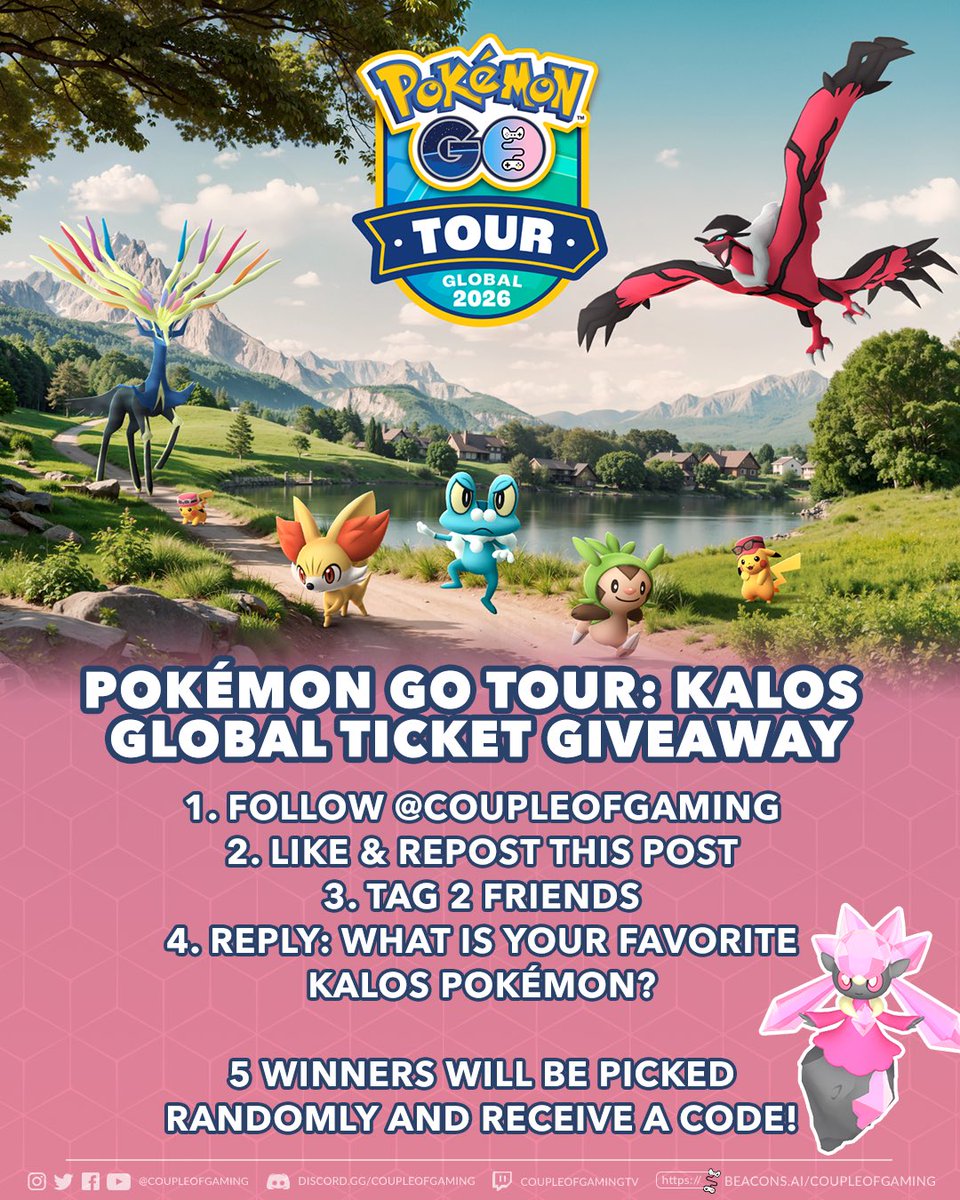 🎟️ #PokemonGOTour Kalos Global GIVEAWAY 🎟️

If you don’t have plans yet and don’t have a ticket for the event, here’s your chance to win 1 of 5 codes! 👀

All you have to do is:
• Follow <a href="/coupleofgaming/">Couple of Gaming</a> 🙋🏼‍♂️🙋🏼‍♀️
• Like &amp; Repost this post ❤️ 🔁
• Tag 2 Friends to let them know 🤝