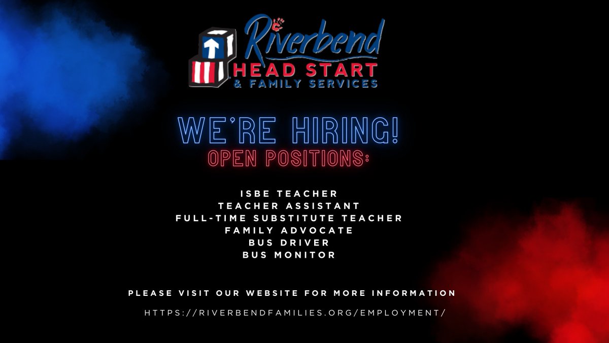 RiverbendHSFS's tweet photo. We’re hiring! 🎉
Join the Riverbend Head Start &amp; Family Services team.

✔️ ISBE Teacher
✔️ Teacher Assistant
✔️ FT Substitute Teacher
✔️ Family Advocate
✔️ Bus Driver
✔️ Bus Monitor

To learn more and apply, please visit: https://t.co/BmNQaAvgpJ

#NowHiring #HeadStart https://t.co/egcvbDF5rd