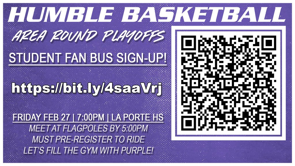 HumbleISD_HHS's tweet photo. HHS students get your seat on the HHS Fan Bus for Friday Night's Round 2 Playoff game vs Dawson, 7pm at La Porte High School. 
Register at: https://t.co/WPU9uMMDKZ https://t.co/RZExprefbV