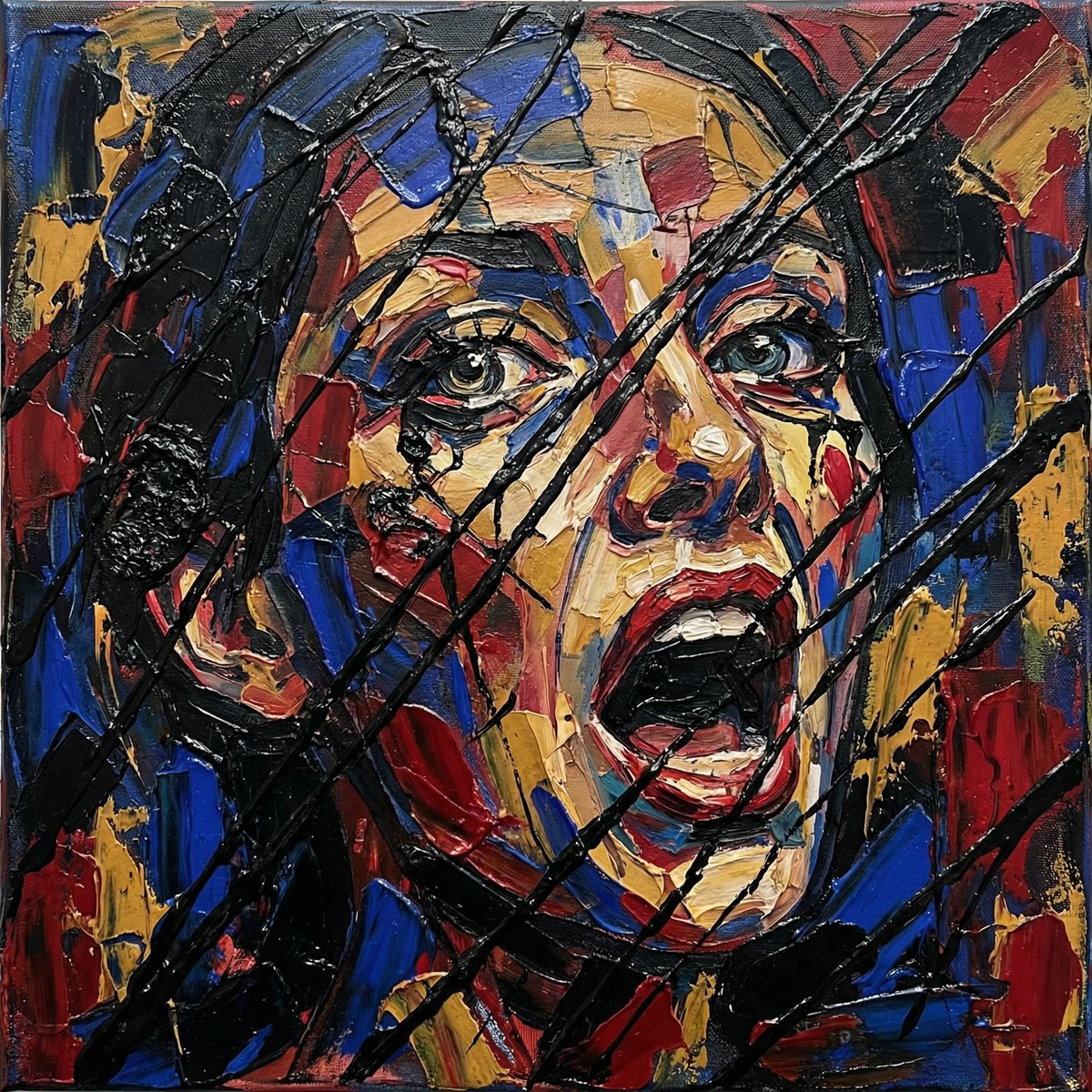 PromptSin's tweet image. Analog glitch art before computers even existed 🎨 
The way those heavy black lines cut through the color is pure anxiety turned into kinetic energy. 
Rate this chaos from 1 to 10 in the replies 🔥 
#contemporaryart #oilpaint