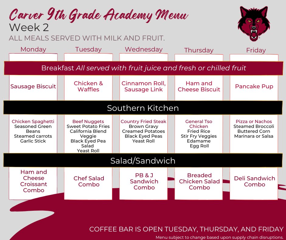Get ready for another delicious week at Carver 9th Grade Academy! 🍽️✨ Check out next week’s menu and plan your picks! 🍎

*Menus are subject to change due to supply chain issues. Thank you for your patience and understanding!

#lovedothan #dothancityproud #lovedothancityschools