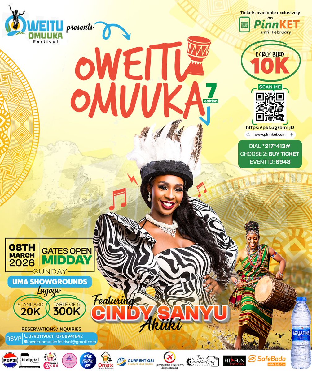Experience tradition in style with Cindy Sanyu live at #OweituOmuuka26 .Happening on 8th March 2026 at UMA show Grounds Lugogo.