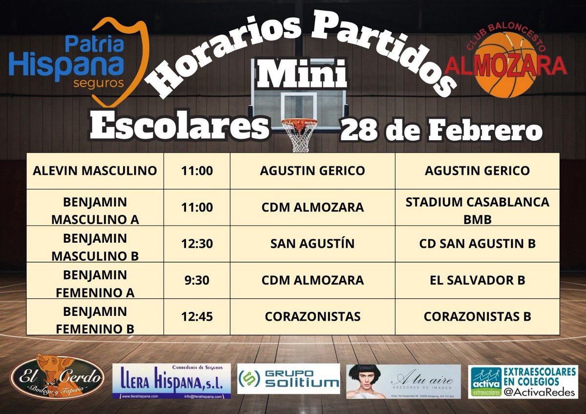 CBAlmozara's tweet photo. Horarios de los partidos del fin de semana @FabasketAragon @Iloveminibasket 🏀🏀🏀 https://t.co/Q7nfW09wIn