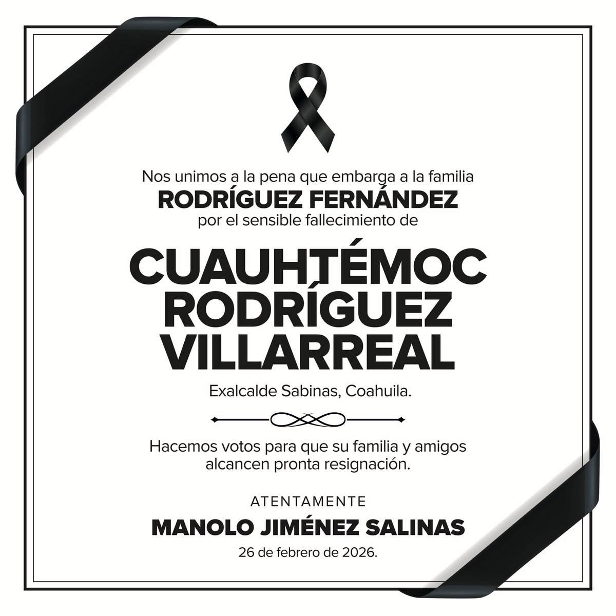 Lamento profundamente el sensible fallecimiento de nuestro amigo y compañero de trabajo Cuauhtémoc Rodríguez Villarreal "Temo", muy querido exalcalde de Sabinas. Nuestro más sentido pésame para su familia y sus seres queridos. Descanse en paz. 🙏🏼