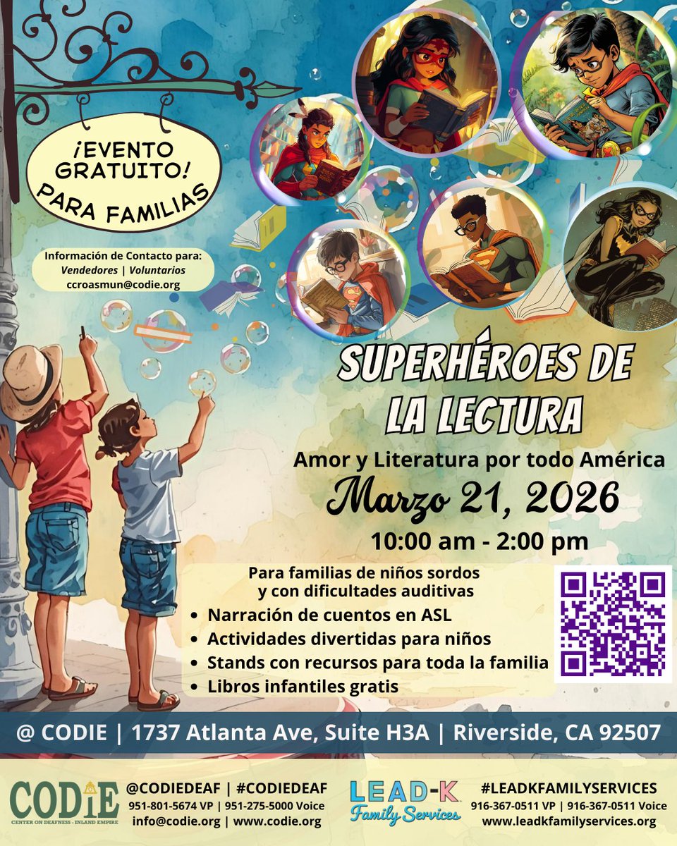 CODIEdeaf's tweet image. Superhéroes de la lectura: Amor y alfabetización en toda California 2026
Un evento GRATUITO para familias con niños sordos..
Fecha: Sábado, 21 de Marzo de 2026
Hora: 10:00 a. m. – 2:00 p. m.
Register now: codie.org/loveliteracy/
 #LEADK #CODIEDeaf #DeafChildren