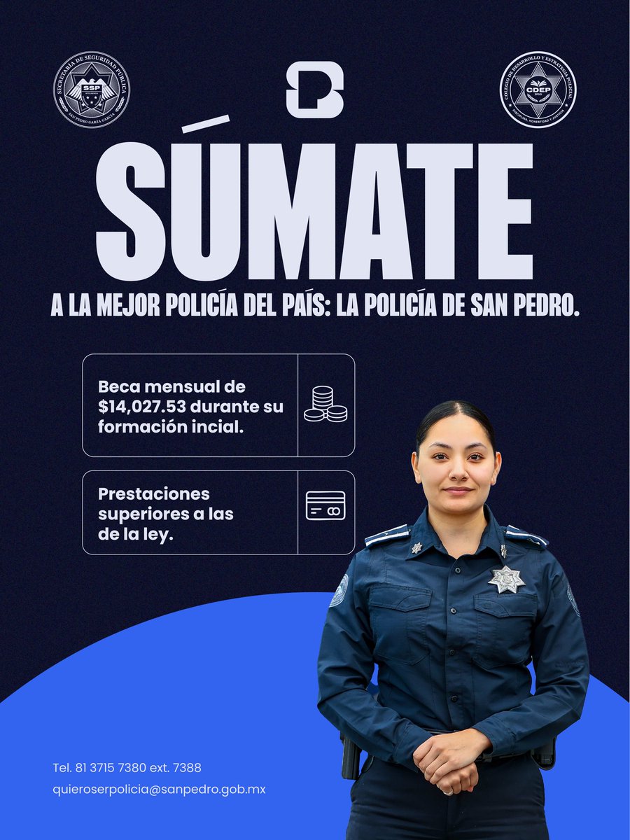 SanPedroNL's tweet image. Súmate a la Policía de San Pedro Garza García y sé parte de la corporación #1 de México. 🫡👮‍♀️👮‍♂️

Convierte tu vocación de servicio en una carrera con propósito, con formación de calidad y oportunidades de crecimiento.