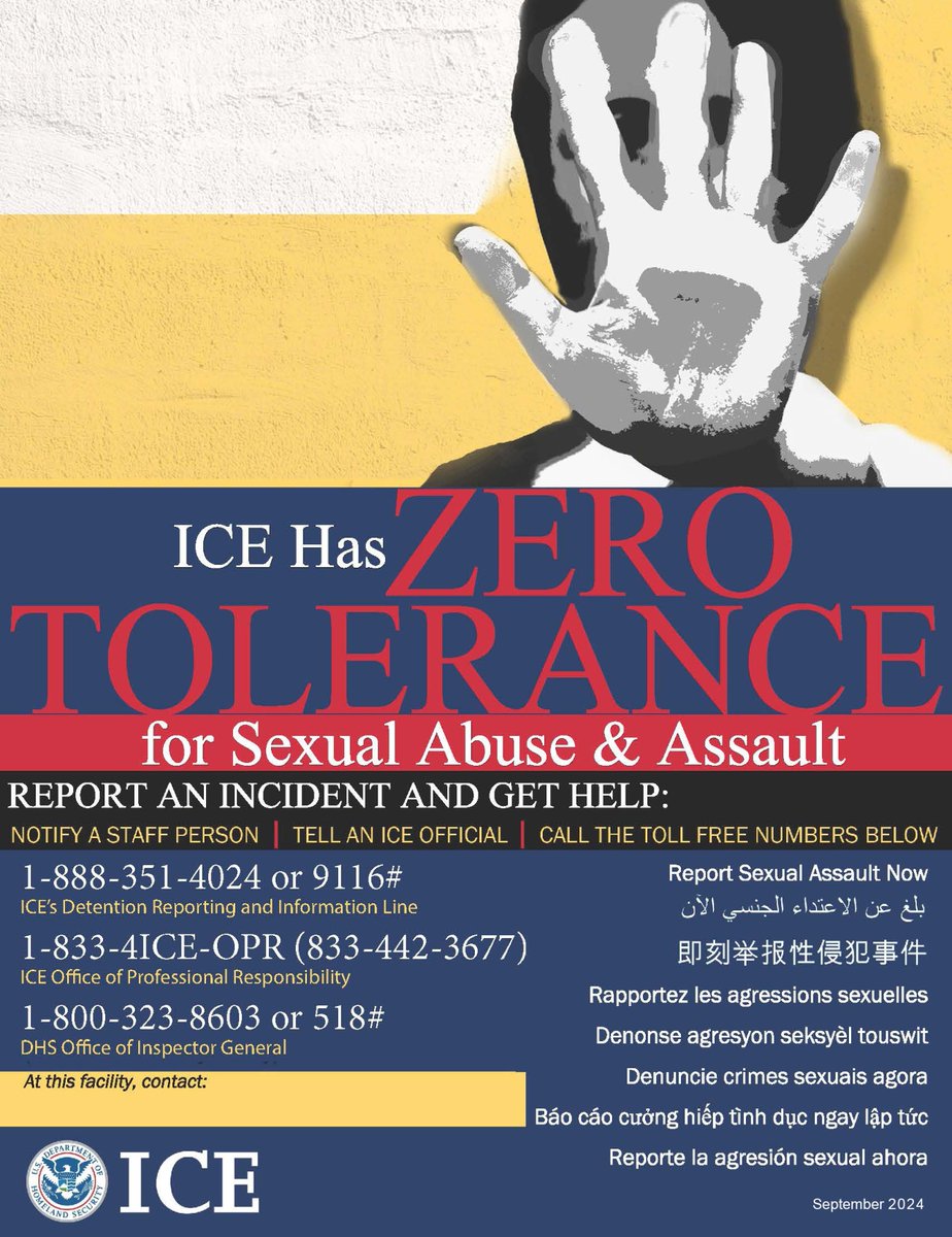 ziembavision's tweet photo. ICE's poster for reporting sexual abuse and assault misleadingly includes the phrase "Report Sexual Assault Now" in eight different languages, while the number people are directed to call has no option for callers to communicate in languages other than English and Spanish. /9 https://t.co/znyYxBfat2