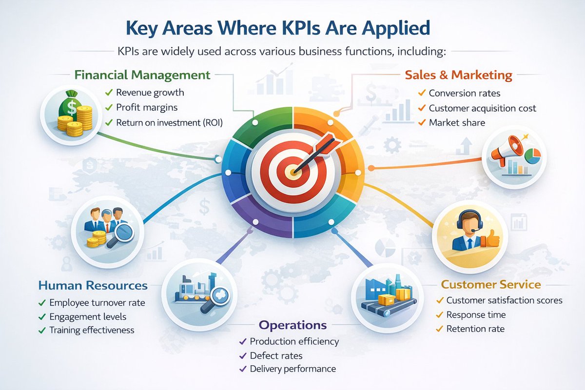 AcademyKpi's tweet photo. Key Areas Where KPIs Are Applied
KPIs are widely used across various business functions, including:
•Financial Management: Revenue growth, profit margins, return on investment (ROI).
•Sales and Marketing: Conversion rates, customer acquisition cost, market share.
•Human Resources: Employee turnover rate, engagement levels, training effectiveness.
•Operations: Production efficiency, defect rates, delivery performance.
•Customer Service: Customer satisfaction scores, response time, retention rate.
#KPIs
#BusinessPerformance
#PerformanceManagement
#BusinessStrategy
#OperationalExcellence
#kpiacademy