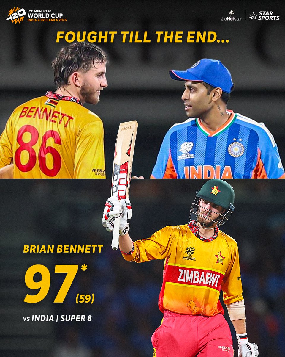 A star in the making. 🌟🇿🇼

At just 22, Brian Bennett lit up the stage with a fearless 97* off 59, taking on a solid attack and refusing to bow down without a fight. Statement innings. 🔥👏

Up next 👉 ICC Men’s #T20WorldCup 👉 SUPER 8 | #ZIMvSA | SUN MAR 1, 2 PM