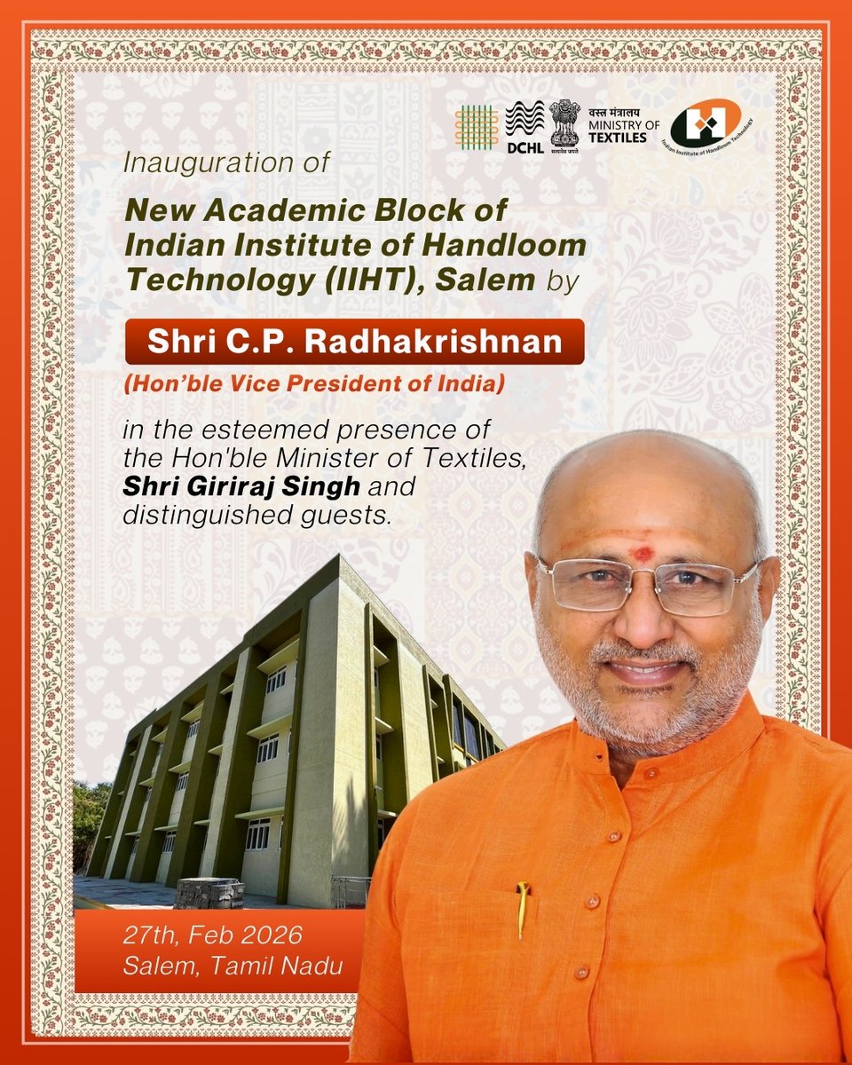 dchandlooms01's tweet image. A new journey to begin at Indian Institute of Handloom Technology, Salem with the inauguration of its New Academic Building.

Stay tuned for more information!

#iihtsalem #salem #inauguration #campus #vicepresident