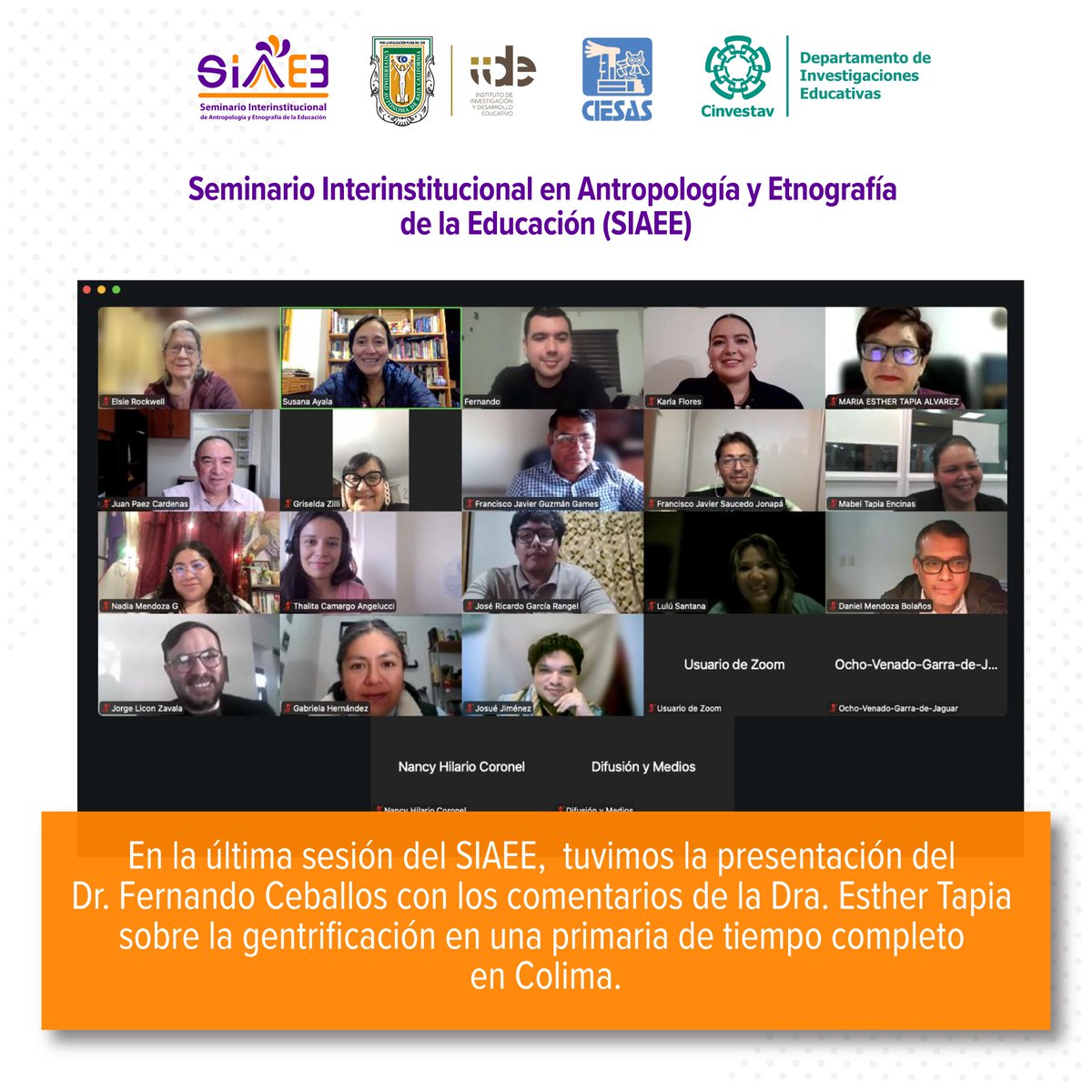 Recientemente tuvimos la presentación del Dr. Fernando Ceballos con los comentarios de la Dra. Esther Tapia sobre la gentrificación en una primaria de tiempo completo en Colima.

Si te lo perdiste, puedes revisar el video de la sesión en youtube.com/watch?v=ykc8eW…