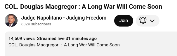 LGcommaI's tweet photo. A falsifiable prediction.
At 23m55s of v=2eHOe0LyK9A, published 2026-02-26, Douglas Macgregor unambiguously says he believes it has already been decided that the US is going to strike soon. I'm simply recording this. Of course I want peace in this world.
#Histoy
#Predictions https://t.co/t9FzBqTwYO