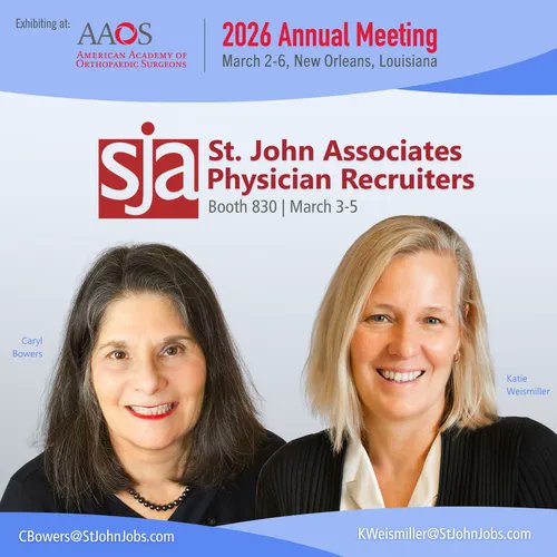StJohnJobs's tweet photo. SJA has been matching Orthopedic Surgeons and employers for over 34 years. Meet Caryl and Katie at booth 830 at #AAOS2026 so we can start your job search. Our services are always free for job seeking physicians.

Find out more at https://t.co/392AXWqWRj https://t.co/LDKmT051NZ