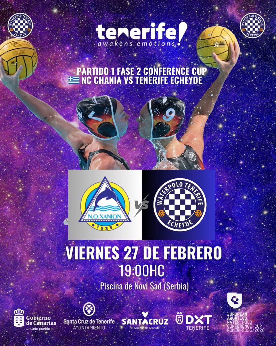 CNECHEYDE's tweet photo. @IdecoGestion @VisitTenerifeES @webtenerife @Deportecanario @DXTenerife @deportesctfe @deportetvC @Marynnnd @carlamartiiiin @Euro_Waterpolo 🤽🏻♀️ #PREVIA | Las Guayotas del #TenerifeEcheyde inician andadura europea🇪🇺 ante un potente rival de Liga🔝
🏆 Partido 1 Fase 2 Conference
🆚️ Chania🇬🇷
🗓 Viernes 27
🕐 19:00h🇮🇨
✈️Piscina Novi Sad (Serbia)
📺 https://t.co/bZafUVNVgU
#VamosEcheyde #TenerifeDespiertaEmociones https://t.co/NkbuNe9UBq