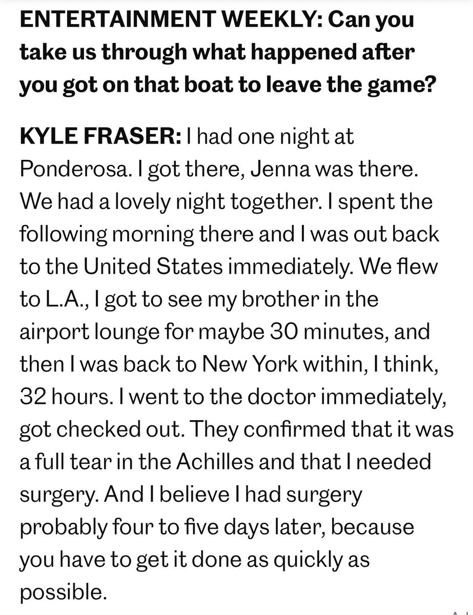 TheBigBroTea's tweet photo. Kyle confirmed he did have a full Achilles tear and had to have surgery a few days after leaving the game #Survivor50 https://t.co/nnHmFR32tU