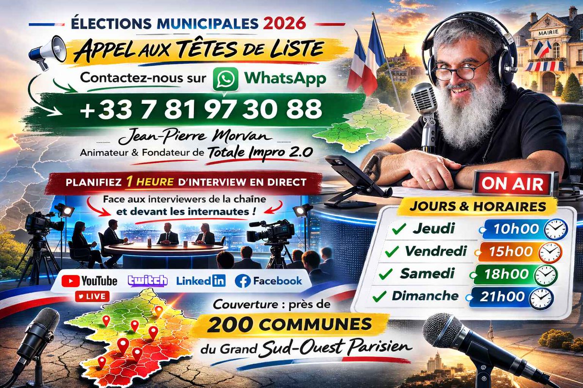 🎙️ Élections Municipales 2026 – Totale Impro 2.0 ouvre ses antennes aux têtes de liste !

Vous êtes candidat(e) tête de liste aux Élections Municipales 2026 ?

🔗 gsoparisien.news/2026/02/26/ele…