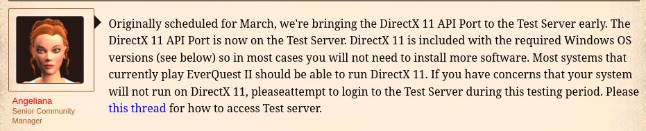 acerayl's tweet photo. EQ2 moving to DX11!!! We are moving up in the world! https://t.co/LTwQs5HY10
