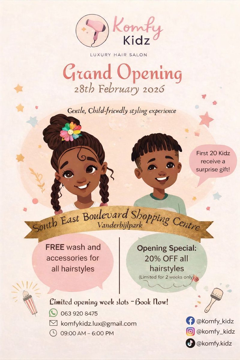 Lekoafm91's tweet photo. Salon visits don’t have to be stressful anymore. Premium kids Salon for the little royals is here. Don't miss the grand opening of Komfy Kidz Luxury Hair Salon this Saturday. It's all about that gentle and child friendly stylish experience. https://t.co/VbI2Y32EKh