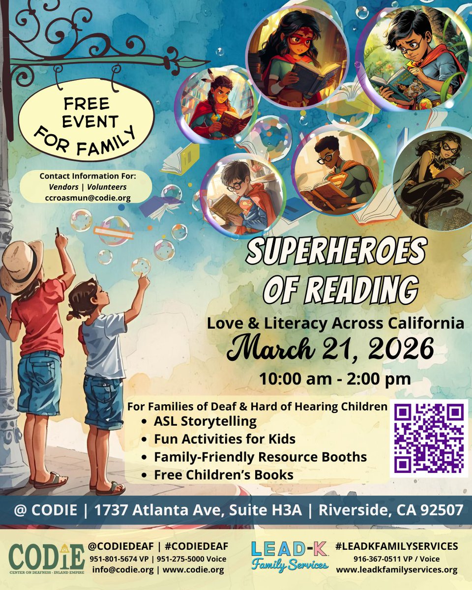 CODIEdeaf's tweet image. SuperHeroes of Reading: Love &amp;amp; Literacy Across California 2026 📚✨
FREE event for families with Deaf children!
🗓 March 21, 2026 | 10 AM–2 PM

Register: codie.org/loveliteracy
Booths: codie.org/llboothreg
#LoveLiteracyAcrossCalifornia #LEADK #CODIEDeaf #DeafChildren