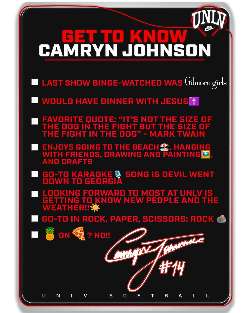 UNLVSoftball's tweet photo. 𝑰𝒏𝒕𝒓𝒐𝒅𝒖𝒄𝒊𝒏𝒈 𝒕𝒉𝒆 𝑹𝒆𝒃𝒆𝒍𝒔❗️

A sophomore outfielder from Seal Beach, California … #14 Camryn Johnson! https://t.co/J92EAQyEke