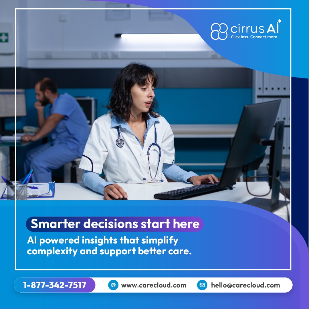 CareCloud's tweet image. Meet cirrusAI, an AI powered solution that delivers real-time insights, supports smarter decisions, and helps care teams spend more time focused on patients.

Explore cirrusAI: hubs.li/Q044TTGV0

#CareCloud #cirrusAI #AIinHealthcare #DigitalHealth #HealthcareTechnology