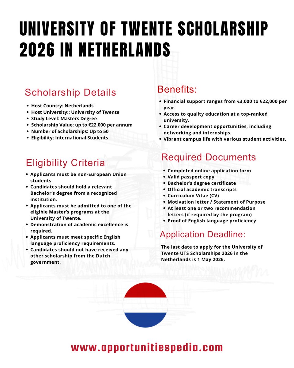 Opedia3's tweet photo. University of Twente Scholarship 2026 🇳🇱 | Study in the Netherlands

The University of Twente is offering exciting scholarships for Master’s students from outside the EU/EEA!

✨ Scholarship Coverage:
 • University of Twente Scholarship (UTS): €3,000 – €22,000 per year

📅 Deadline: 1 May 2026.

Details: https://t.co/ne9teGMx88

Tag a friend who dreams of studying in Europe’s innovation hub!