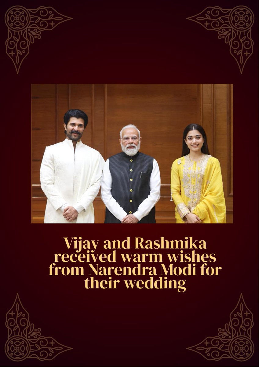 A truly momentous occasion! 🇮🇳 #VijayDeverakonda and #RashmikaMandanna received warm wishes and a heartfelt letter from PM <a href="/narendramodi/">Narendra Modi</a> for their "divinely scripted" new chapter. A royal start to #ViroshWedding! ✨

#Virosh #Modi #Tollywood