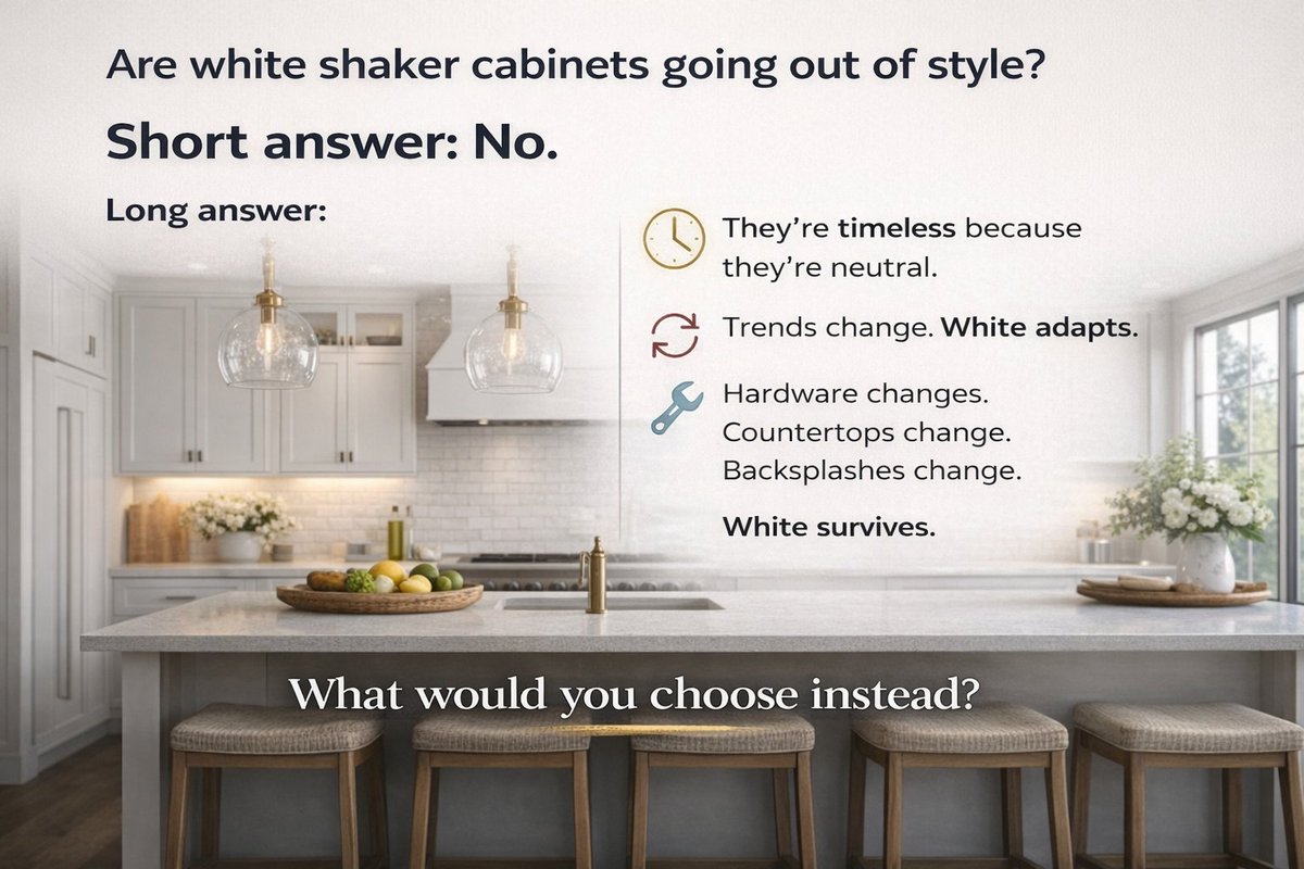 cabinetkings's tweet photo. Are white shaker cabinets going out of style?

Short answer: No.
Long answer:  They're timeless because they're neutral.

Trends change. 
White adapts.

Hardware changes.
Countertops change.
Backsplashes change.
White survives.

What would you choose instead? https://t.co/0K1Z7IMXl4