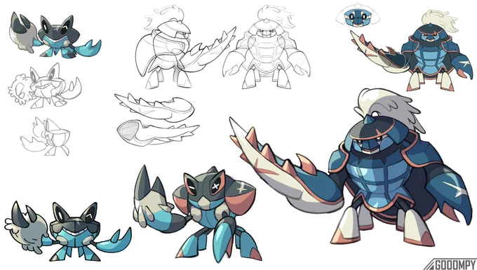 and finally, the water starters!! probably the most finished of my starter trio. maybe one day I'll return to them lol Scrubble -> Scarmour -> Carapierce (Water/Steel)