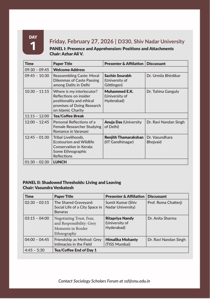 SociologySNIoE's tweet photo. We have a fantastic lineup of speakers at this year’s Graduate Students’ Conference. Over two days, we have 14 scholars from 11 universities discussing ‘grey moments in the field.’ All are welcome! @ShivNadarUniv https://t.co/VIdp9K4PHT