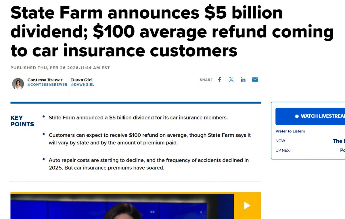 SayNoToTrading's tweet image. State Farm did this because they are a mutual insurance company. Similar to a credit union, technically they are owned by their customers.

Progressive $PGR had to do this by-law in Florida late last year, which also caused the confusion on quarterly "miss" due to making too much