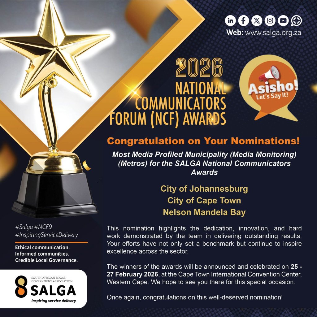 CityPowerJhb's tweet photo. #SALGA
#NCF9
#InspiringServiceDelivery
#CityPowerEngages
A remarkable milestone for the City of Johannesburg at the 2026 National Communicators Forum Awards. With nominations in six categories and two prestigious wins, Most Innovative Team (Metros) and Most Media Profiled Municipality (Media Monitoring), the City continues to set the standard for excellence in municipal communication.
Presented by the South African Local Government Association, these awards recognise strategic thinking, innovation, and impactful media engagement that enhances transparency and public confidence.
This achievement not only celebrates hard work and creativity, but also reinforces the power of purposeful communication in advancing service delivery and strengthening community trust. ^ZD