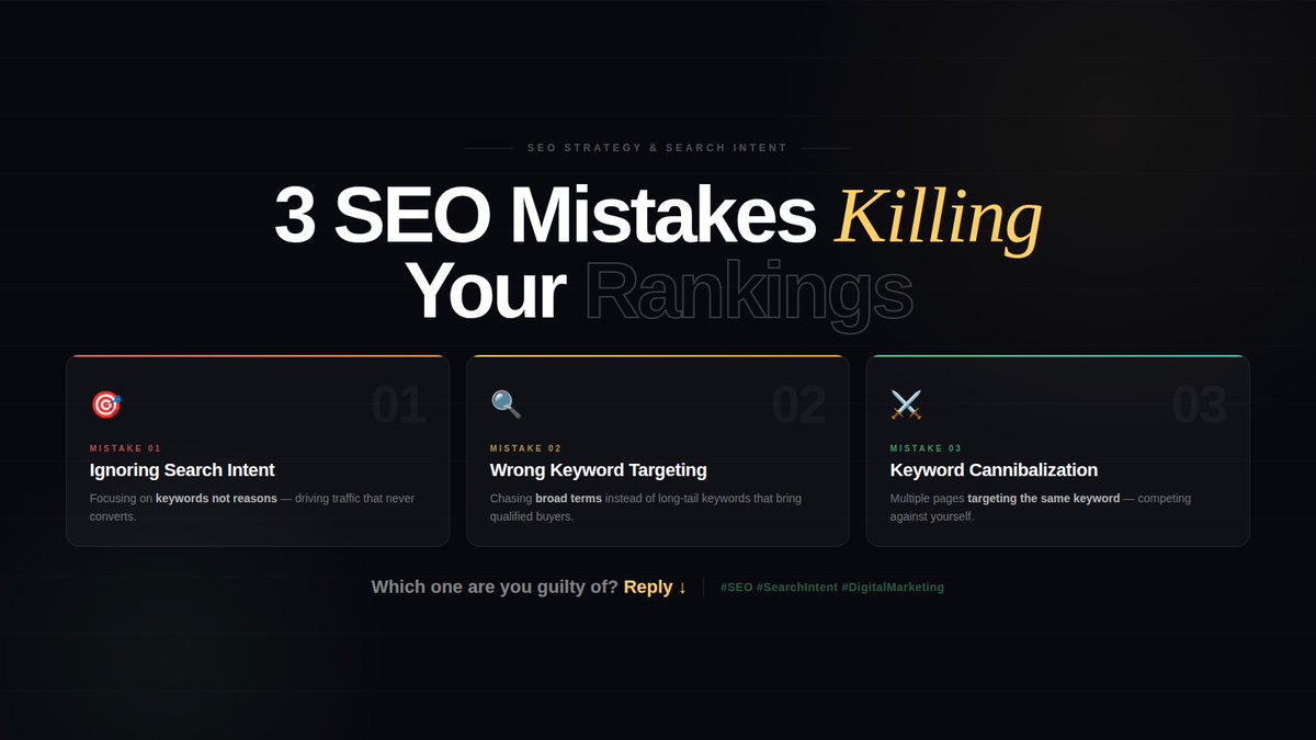3 SEO mistakes killing your rankings →

1️⃣ Ignoring search intent — traffic without conversions is just vanity
2️⃣ Wrong keywords — broad terms attract everyone, convert no one
3️⃣ Keyword cannibalization — your pages competing against themselves
#seo #ranking #Keywords
