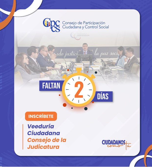 Hasta el 27 de febrero puedes inscribirte en la Veeduría Ciudadana a la designación del vocal suplente del Consejo de la Judicatura.
Más información⤵️ cpccs.gob.ec/2026/02/114101/
<a href="/CpccsEc/">Participa Ecuador</a> <a href="/AndresFantoniB/">ANDRÉS FANTONI</a>