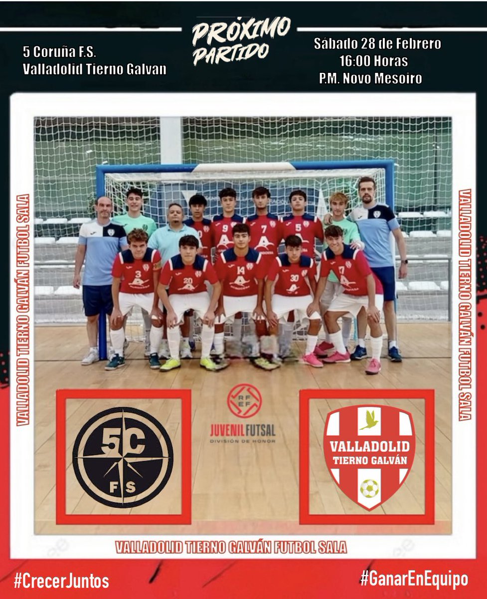 ⏰ HORARIOS VTG | JUVENIL DH | Otro fin de semana de Futsal, otro enfrentamiento a <a href="/5Corunafs/">5 CORUÑA FUTBOL SALA</a> 

<a href="/5Corunafs/">5 CORUÑA FUTBOL SALA</a> 🆚 <a href="/VTGfutbolsala/">VALLADOLID TIERNO</a> 
📆 Sábado 28 de Febrero 
⏰ 16:00 Horas
🏟️ Pabellón Municipal Novo Mesoiro

⚽️💙#VTG #UVADeporte
#CrecerJuntos #GanarEnEquipo
<a href="/FutSalRFEF/">Futsal RFEF</a> 
<a href="/FCyLF/">RFCYLF</a>