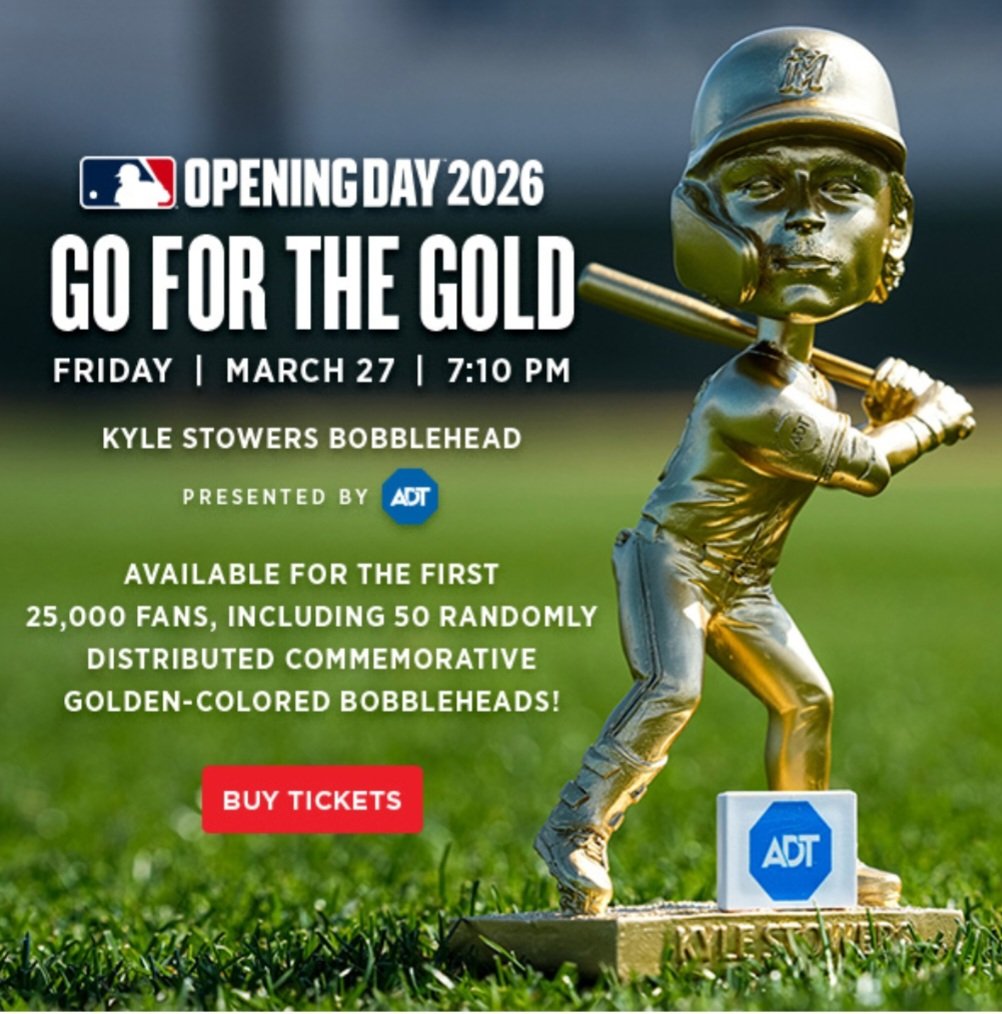 MiamiBobblehead's tweet photo. The @Marlins are offering their first bobblehead chase in franchise history. Only 50 gold  Kyle Stowers will be produced. Good luck and post a pic if you're one of the lucky ones. https://t.co/d3w8n1vgSK