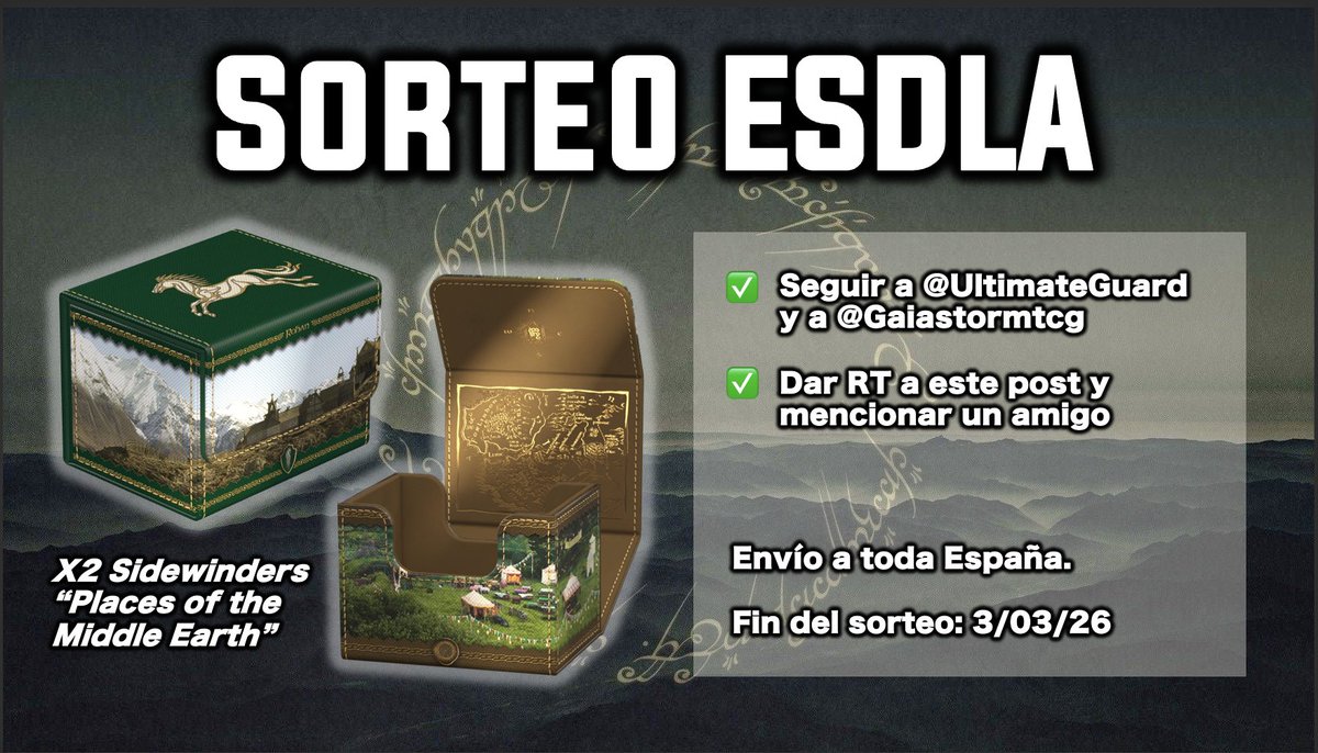 🚨 ALERTA: SORTEAZO 🚨

Si sois fans de ESDLA y los TCG esto os VA A FLIPAR. Vamos a celebrar esta nueva línea de productos con dos Sidewinders 😱

✅ Seguir a <a href="/UltimateGuard/">Ultimate Guard</a> y <a href="/Gaiastormtcg/">Gaia Storm TCG</a>
✅ RT a este post
✅ Menciona un amigo con el que irías a Mordor

¡Suerte! ☺️