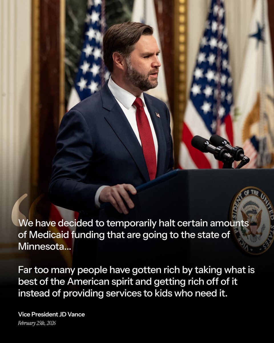 STOPPING NOW: <a href="/VP/">Vice President JD Vance</a> Vance and the whole Trump administration are committed to stomping out the pervasive and disturbing Medicare and Medicaid fraud in Minnesota.